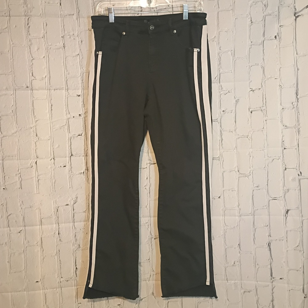 Wmns Size 10 ERIC Black Denim Racing Stripe Raw Hem Pants
